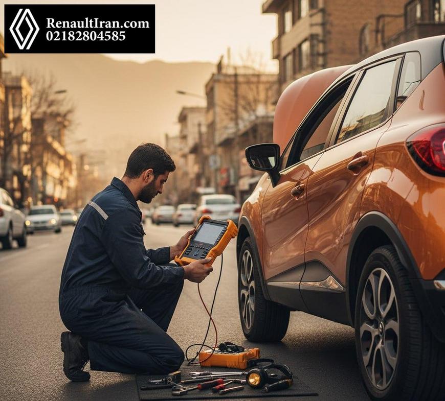 مکانیک سیار رنو در حال اجرای دیاگ و عیب‌یابی کنار خیابان