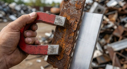 تست آهنربا روی ضایعات؛ آهنربا به آهن زنگ زده می‌چسبد اما به آلومینیوم نه